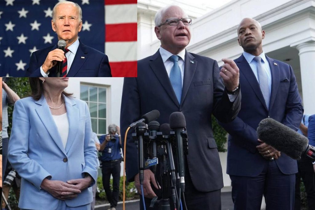 Democratic governors discussing strategy at a press conference in Washington, D.C. They are gathered around a podium, engaging in political dialogue about upcoming elections and support for President Joe Biden.